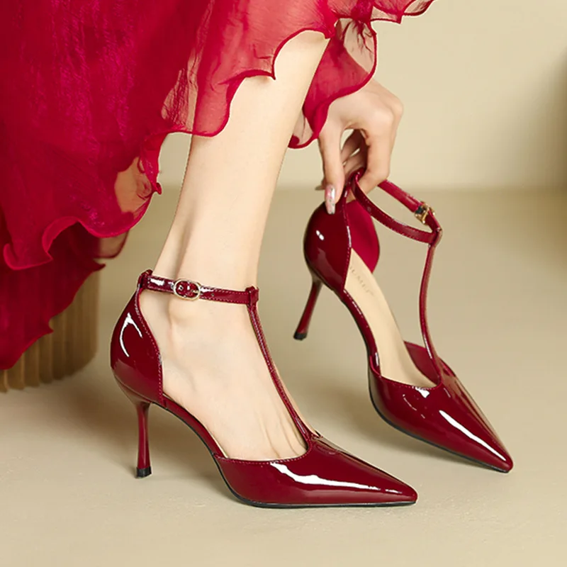 Red High Heels Women Shoes Hollow Pointed Toe Pumps Fashion T-type Ankle Buckle Strap Ladies 2024 New Sexy Party Dress Shoes