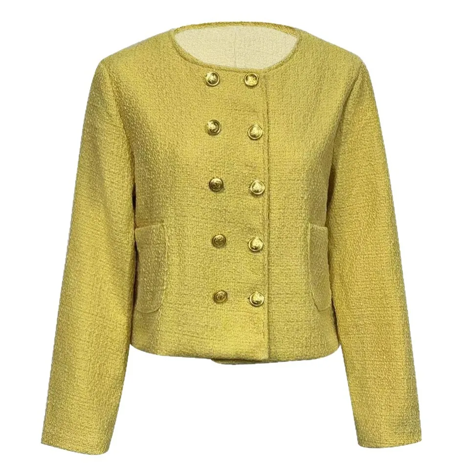 French Style Gold Double Breasted Tweed Jacket Women Spring Autumn Round Neck Short Outerwear Female Elegant Long Sleeve Jackets