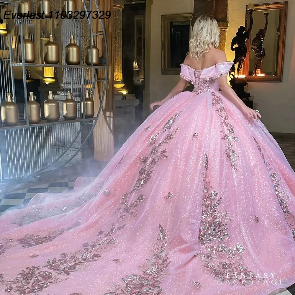 EVLAST Customized Pink Beading Tassel Ball Gown Quinceanera Dress Off Shoulder Applique Sweet 16 Vestidos De 15 Anos TQD839