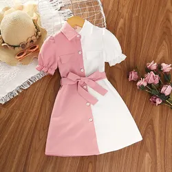 Shirt Dress for 4-7 Years Kids Pink and White Patchwork Short Sleeve Button-Down Dress Baby Girls Leisure Style Summer Clothes