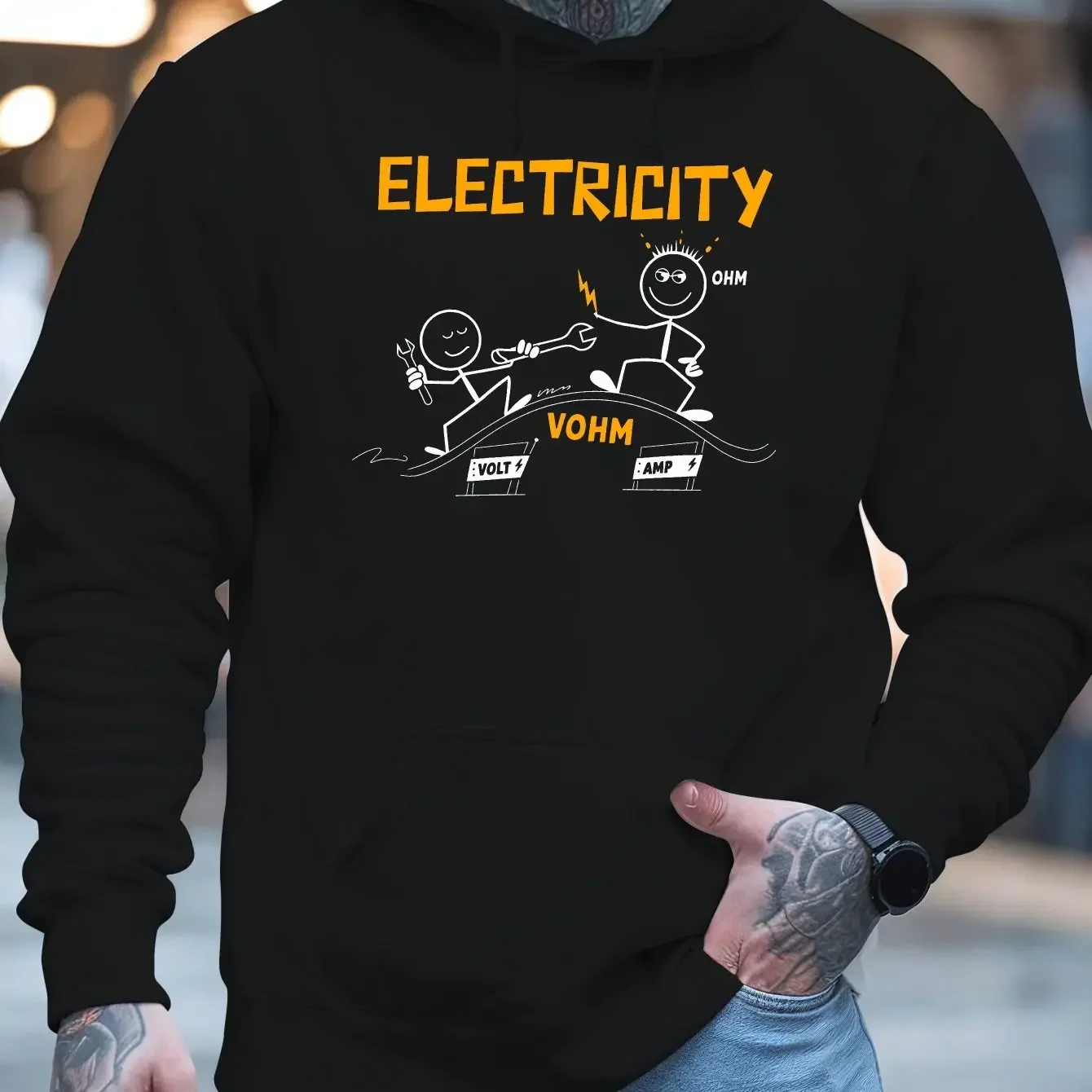 Funny Electricity Stickman Graphic Hoodie Unisex Oversized Pullover Physics Themed Casual Long‑sleeve Sweatshirt