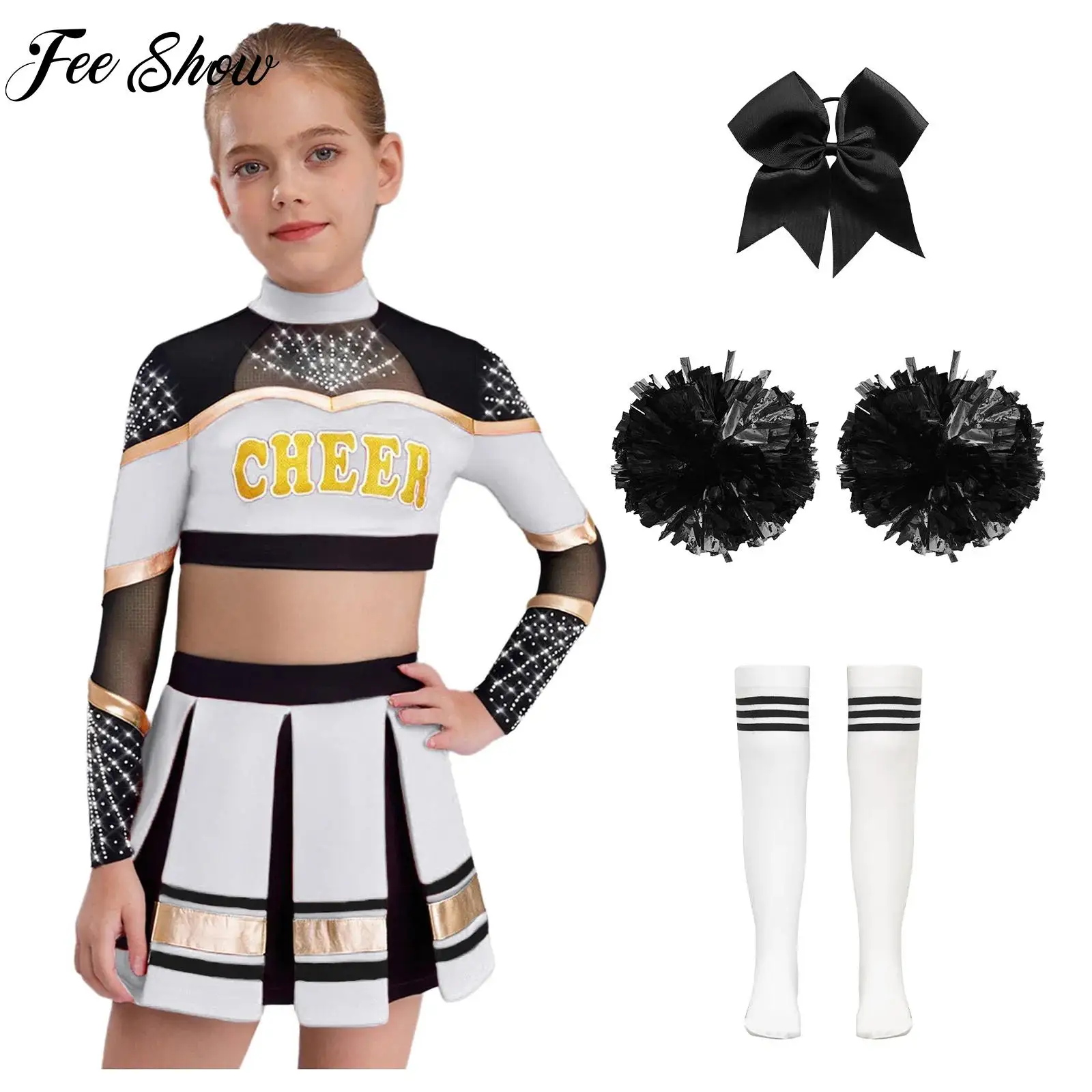 

Костюм для черлидинга для девочек, детский комплект для выступлений, топ с длинными рукавами, сетчатый, с камнями, + плиссированная юбка + аксессуары