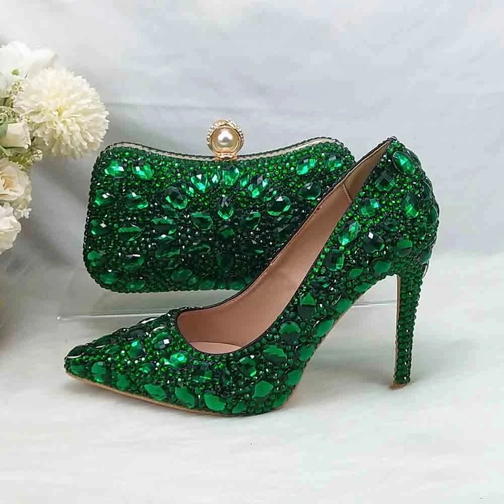 2024 New Green Pointed Toe Party Dress Shoes With HandBag Rhinestone Wedding Shoes and bag Women Crystal High Pumps Thin Heel