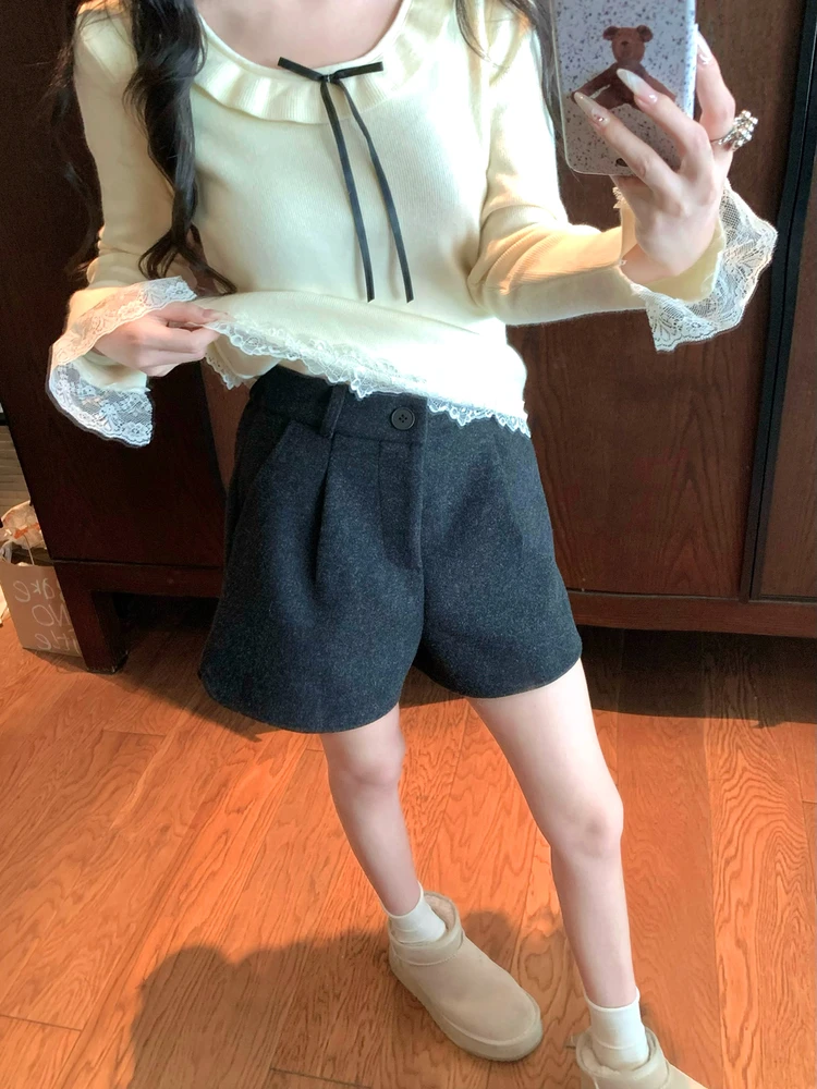 

Женские повседневные брюки-костюмные шорты с высокой талией из хлопка и полиэстера, твидовые, прямого кроя, из зимней коллекции