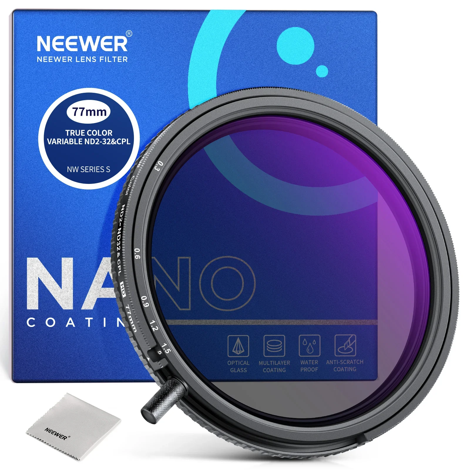 NEEWER 2in1 True Colors Variable ND2-ND32+CPL Filter Multi-Function Polarized Variable ND 37/43/49/52/55/58/62/67/72/77/82mm