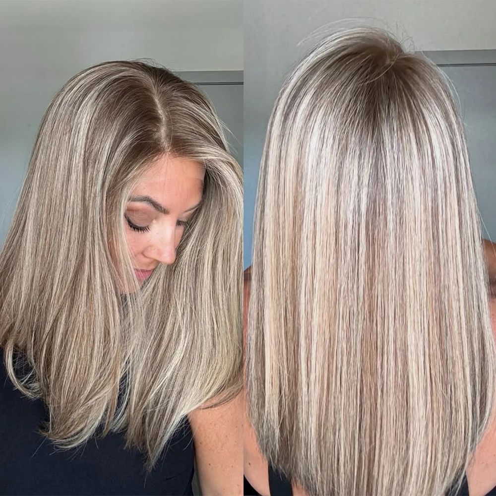 Ash Platinum Blonde Synthetic Lace Front Wig with Roots Short Straight Bob Wig Blend Human Hair Wigs for Women Cosplay Party Use