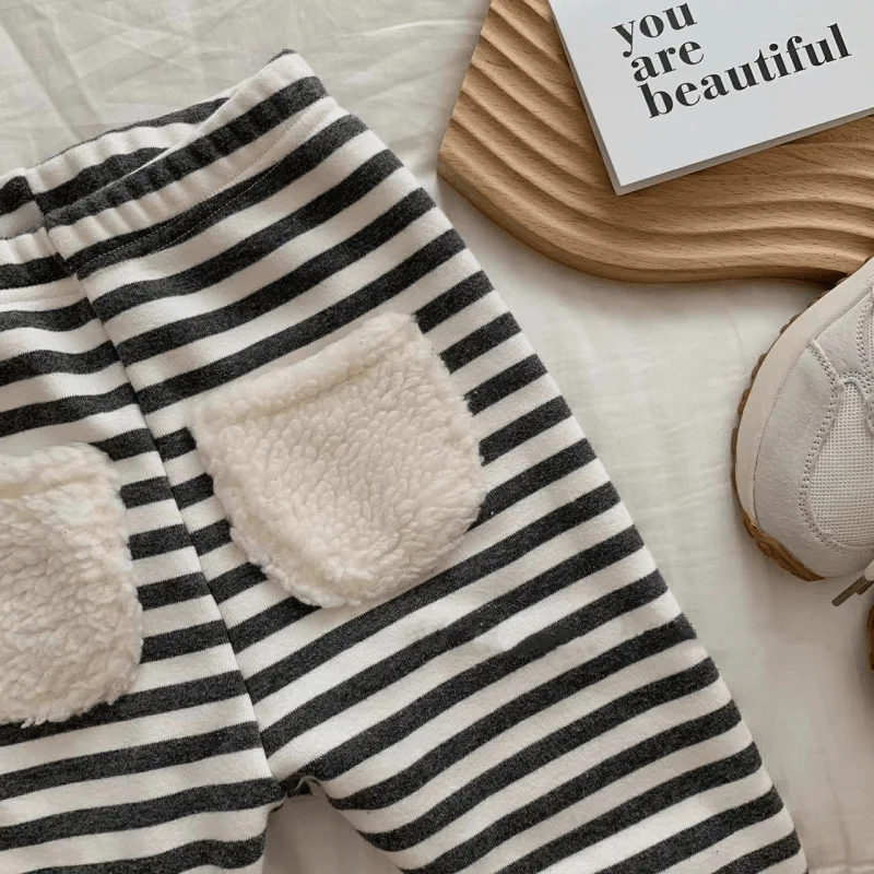 Newborn Baby Girl Boy Fleece Inside Pant Infant Toddler Child Middle Waist Trouser Cotton Striped Bottom Baby Clothes 3-18M