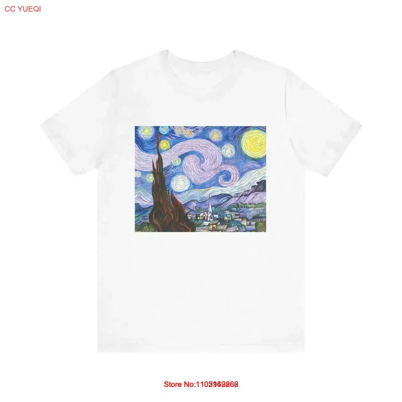 The Starry Night 1889 by Vincent van Gogh Men's Cotton Crew T Shirt vintage Washed fashion designer clothes Versatile homme