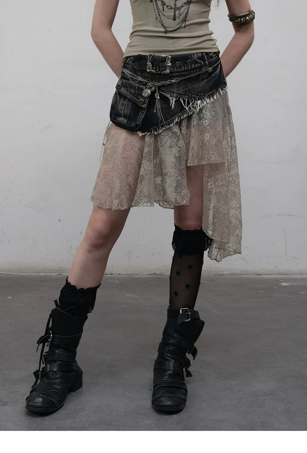 NO ROMANCE Original Design Retro Streetwear Lace Patch Denim Skirt Asymmtric Washed Punk Rock Skirts Shorts Women