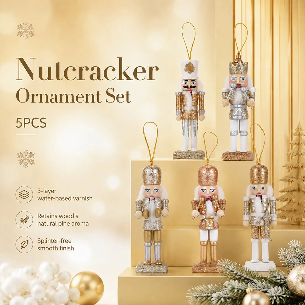 5 Stück 12cm Nussknacker-Puppen aus Holz, Handgefertigte Soldatenfiguren, Tischdekoration, Christbaumanhänger, Weihnachts- und Neujahrsdekoration – Detail 1