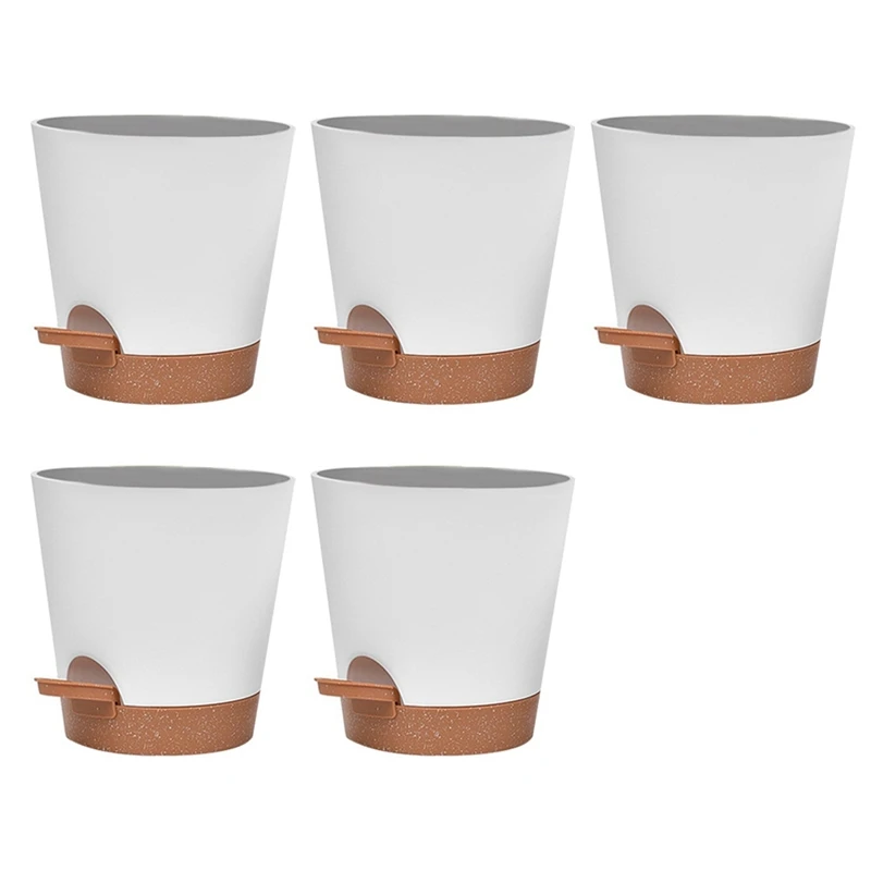 Plant Pots Plastic 6 Inch Self Watering Planters With Drainage Hole, Planters For All House Plants, Succulents,Snake Plant 5Pcs