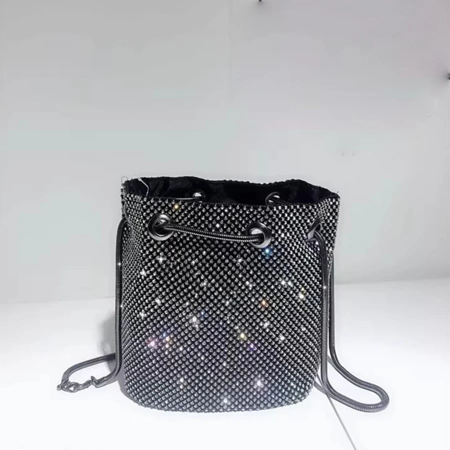 Shiny Chain Bucket Bags Women Evening Bags Diamonds Soft Silver Shoulder Bags Clutch Rhinestones Bridal Party Wedding Handbags view 5
