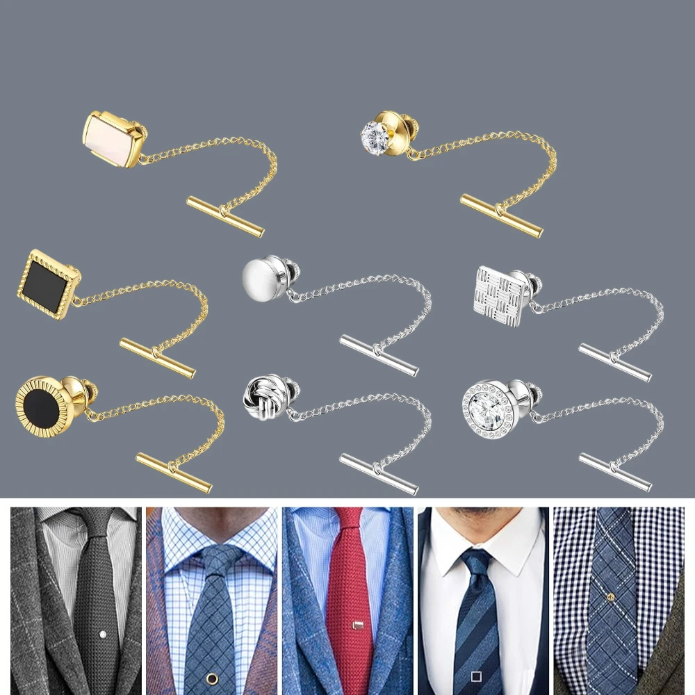 

8 PCS Tie Tacks for Men Tie Pins with Chain Ties Clips Suit Accessories Tack Clutch Clasps for Regular Ties,reusable