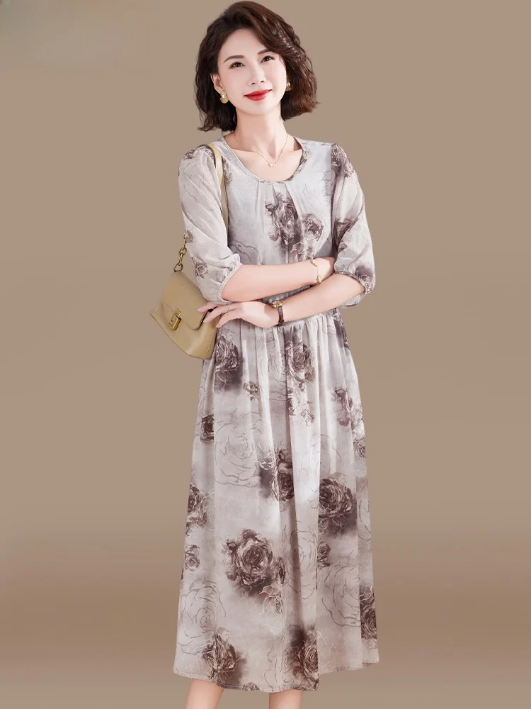 

Faionable Summer Dr 2025 New Sle Chiffon Midi Skirt for Mom Middle-Aged Women Ele Brand Korean Sle round Ne