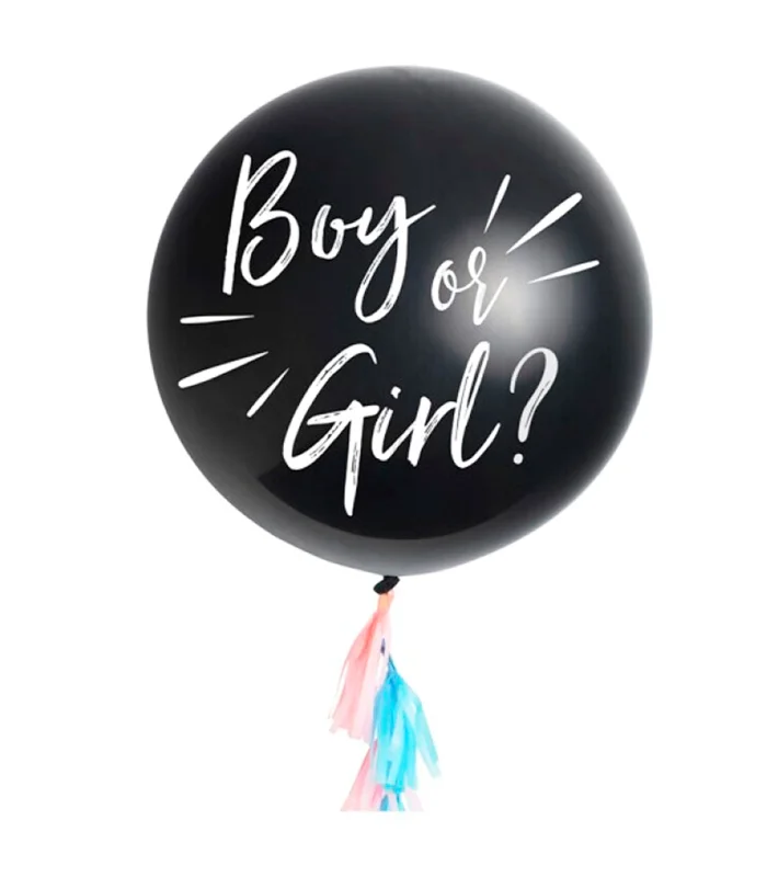 Tradineur-gender reveal balloon, boy or girl, natural latex, including confetti bags and blue and pink paper tassels,