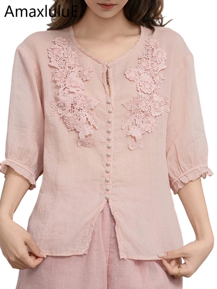 

Amax LuluE 2026 Summer Leisure Soild Tops Ladies Japanese Design Classic Shirts Womens Fashion Vintage Loose Embroidery Blouses