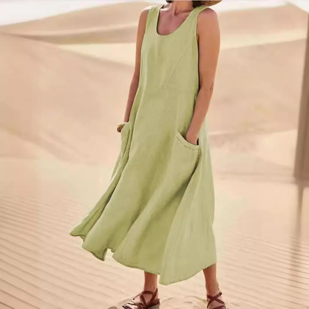 Summer Svel Damen-Rock aus Baumwollleinen, Dr. Midi-Länge, schlicht, bezaubernd, locker, vielseitig, A-Linien-Rock mit hoher Taille