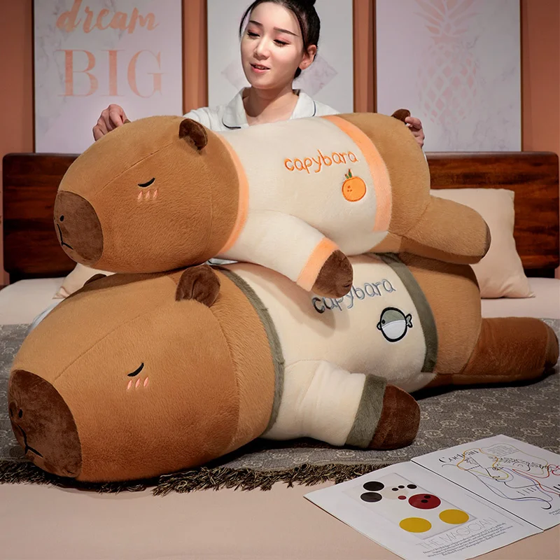 100cm Cute Giant Cartoon Capybara Plush Doll Throw Pillow Wear T-shirt Lying Capybara Plush Toy Home Decor Soft Hug Best Gift