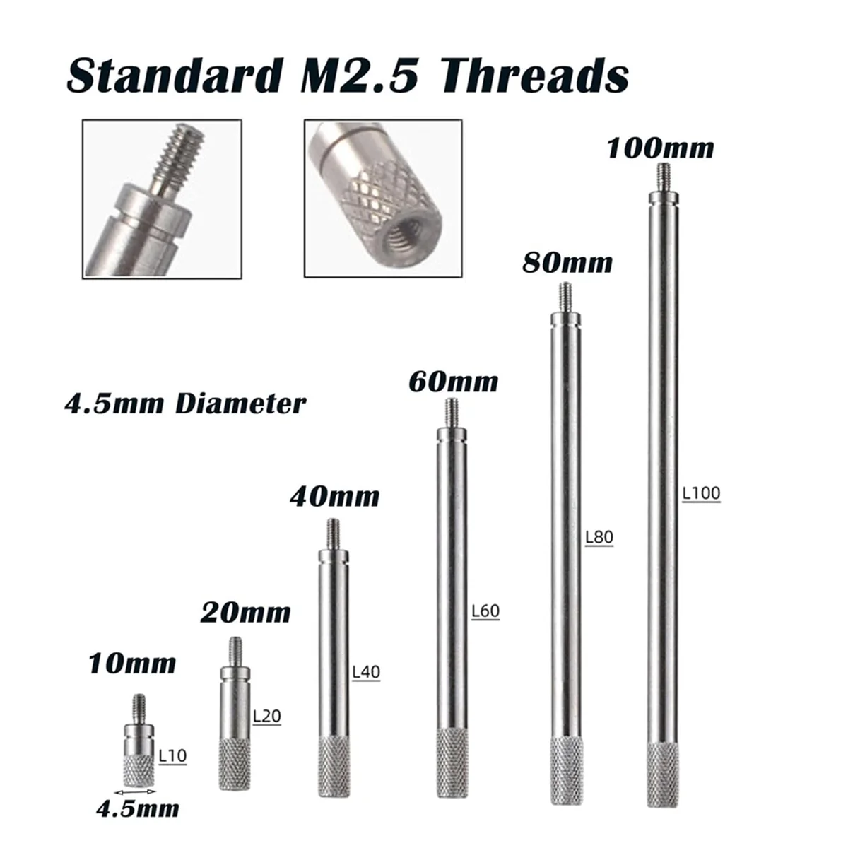 6ชิ้นตัวชี้วัดการหมุนขยายลำต้นชุดก้านลูกสูบด้าย M2.5แท่งขยาย10-100มม. การวัดสำหรับการหมุนและตัวชี้วัดดิจิตอล