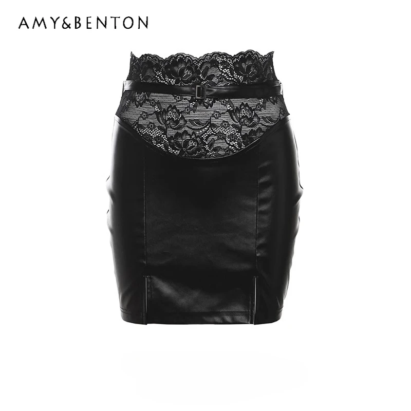 

Винтажная кружевная ажурная женская облегающая юбка из искусственной кожи с высокой талией, оригинальный дизайн, осенняя новая черная сексуальная юбка для женщин