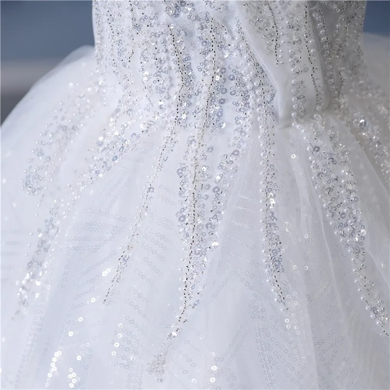 Y&m Novias Glitter vory Wedding Dresses Lace Beaded Ball Gown Cheap Off The Shoulder Short Sleeve Bridal Customized Plus Size