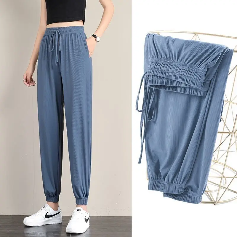 Pantaloni sportivi casual sottili con risvolto allentato in seta di ghiaccio Pantaloni Harlan a vita alta da donna Coreano Sle Pendolarismo Sle ket Nove punti