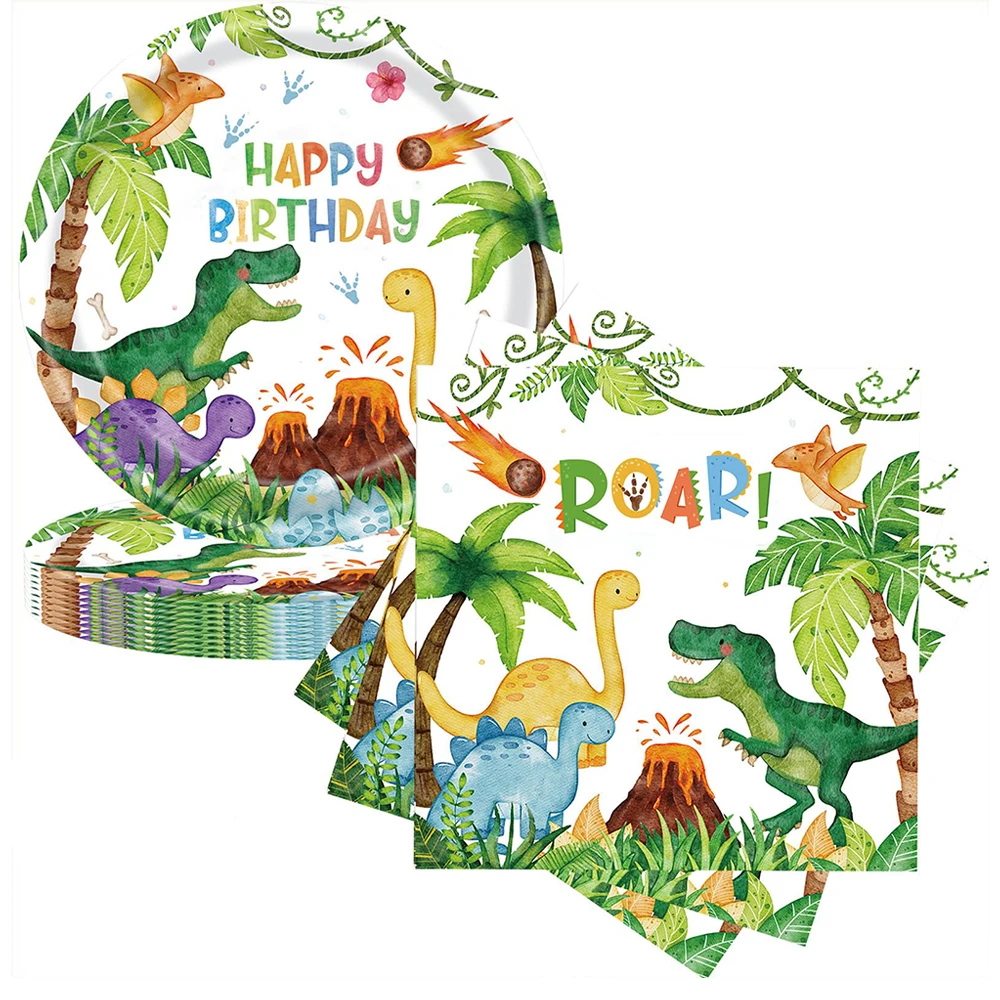 20/40 Stück Dinosaurier-Geburtstagsdekoration, Tischgeschirr, Aquarell-Dinosaurier-Pappteller, Servietten für Jungen, Kinder, Dino-Party-Dekorationszubehör – Detail 4