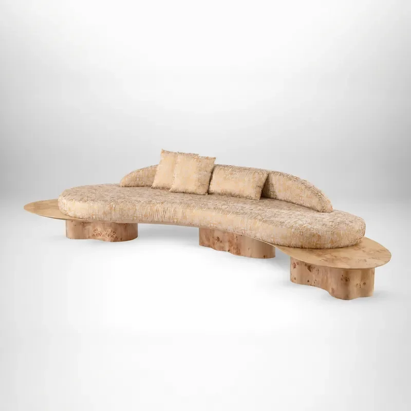 Nordic Style Solid Wood Curved Sofa with Tree Bark Texture Fabric Wabi Sabi Design for Living Room Reception B&B Furniture