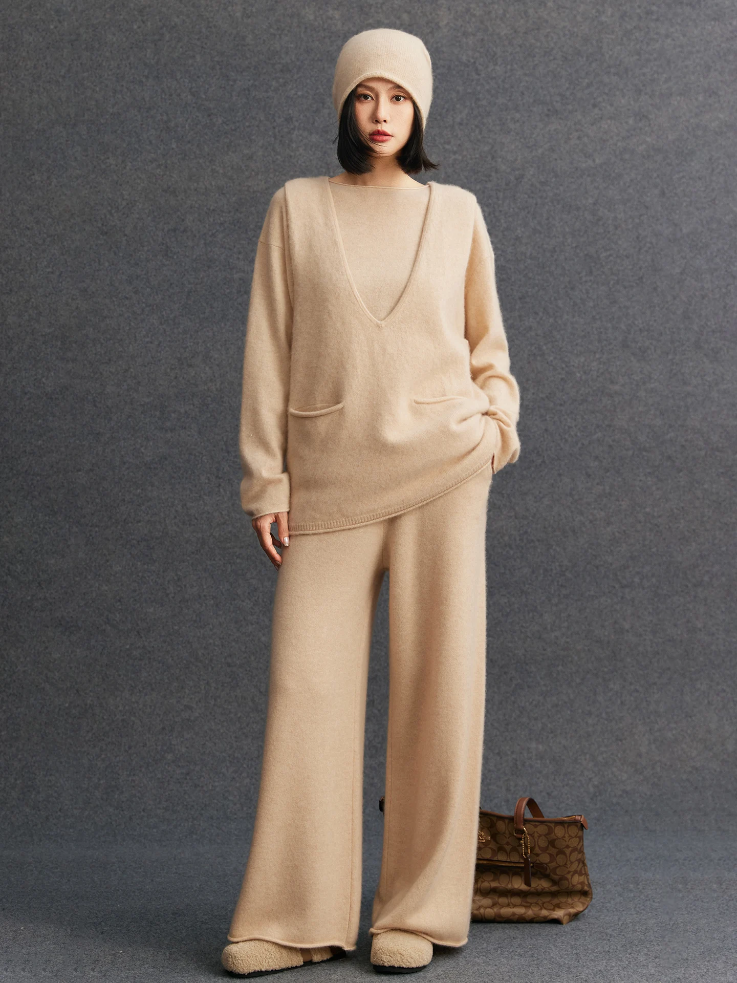 

Women's 100% Cashmere Knit Pants Thick Pleated Wide Leg Pants Autumn Winter Casual Simple Style Cashmere Knitwear Pants