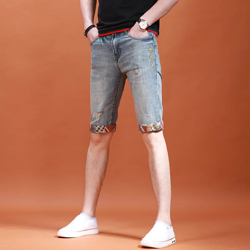 Gescheurde Geborduurde Jeans Shorts Heren Zomer Dunne Ademende Slanke Stretch Fashion Street Personality Retro High-End Denim Capri 'S