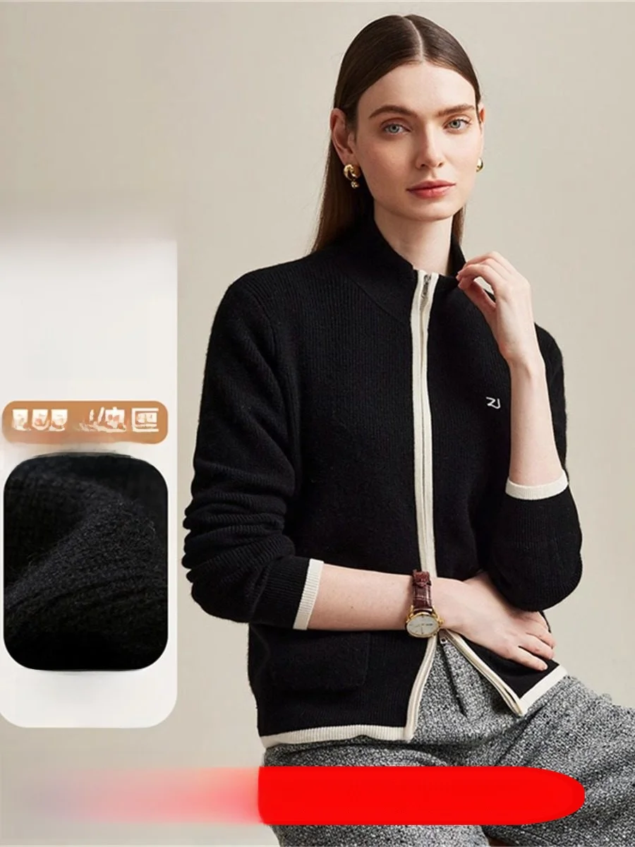 

Женский кардиган Zhaojun 00% камеер, повседневный, вязаный, с высоким воротником, на молнии, длинный рукав, стандартный крой, осенне-зимнее пальто