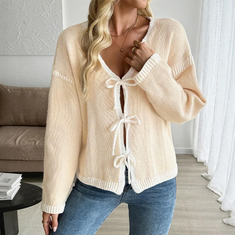 

Women's Khaki V Neck Bow Tie Front Knitted Cardigan Long Sleeve Autumn Casual Fashion Loose Fit