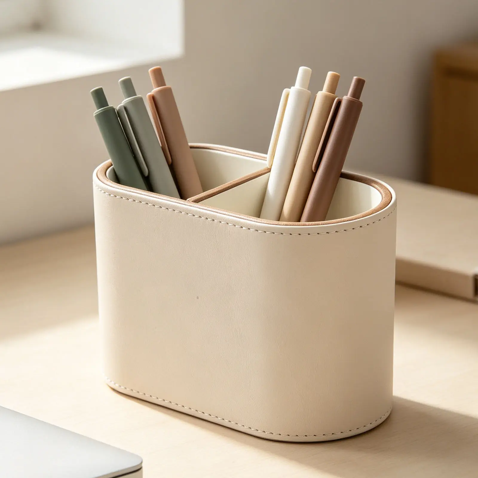 PU Desktop Pen Holder Organizer 2 Compartments Makeup Brush Marker Holder for Office Home Classroom Bathroom