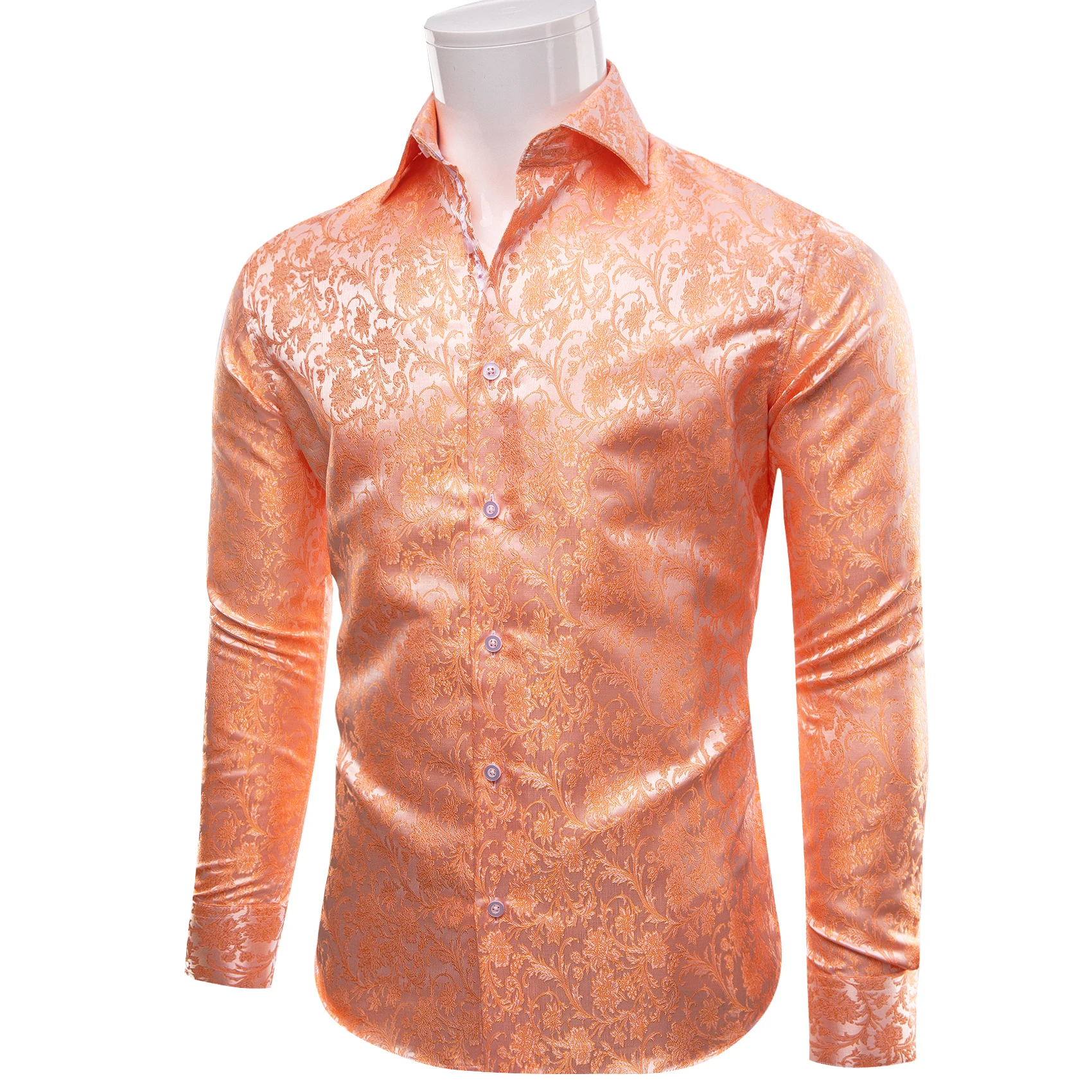 Unique Design Orange Floral Print Silk Shirt for Man Business Wedding Party Full Sleeves Turn-Down Collar Suit for Four Seasons