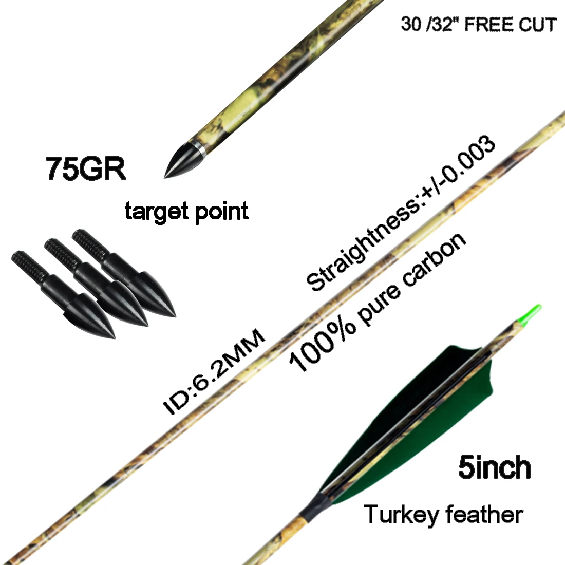 Carbon Camo Arrow for Hunting and Archery, 5in Turkey Feather, Compound Bow, 75gr Tips, ID6.2mm, Sp300-600, 12PCs