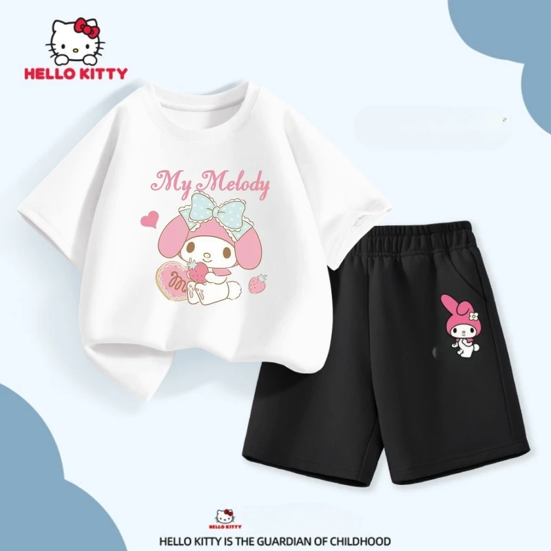

Летний комплект хлопковой одежды Sanrio для маленьких девочек, футболки с короткими рукавами и принтом My Melody, топ и шорты, костюм из 2 предметов, наряды