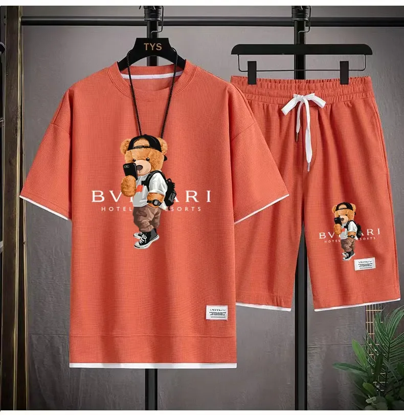 Summer men's suit fashion Korean cartoon printed short sleeve T-shirt + sports shorts 2 sets leisure shopping jogging men's wear