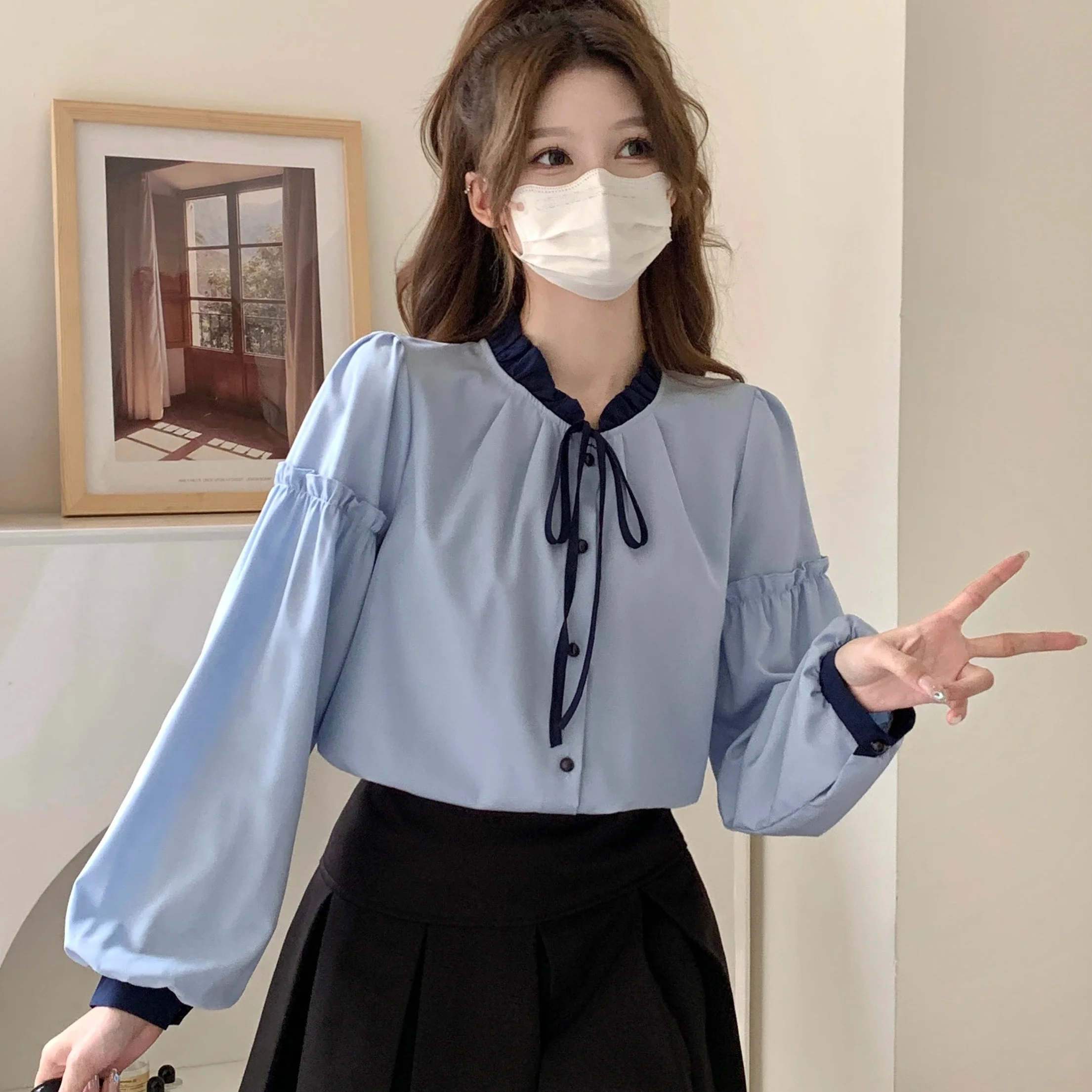 Francês doce camisas femininas o-pescoço rendas puff manga retalhos all-match estilo preppy topos jovem blusas macias feminino ins