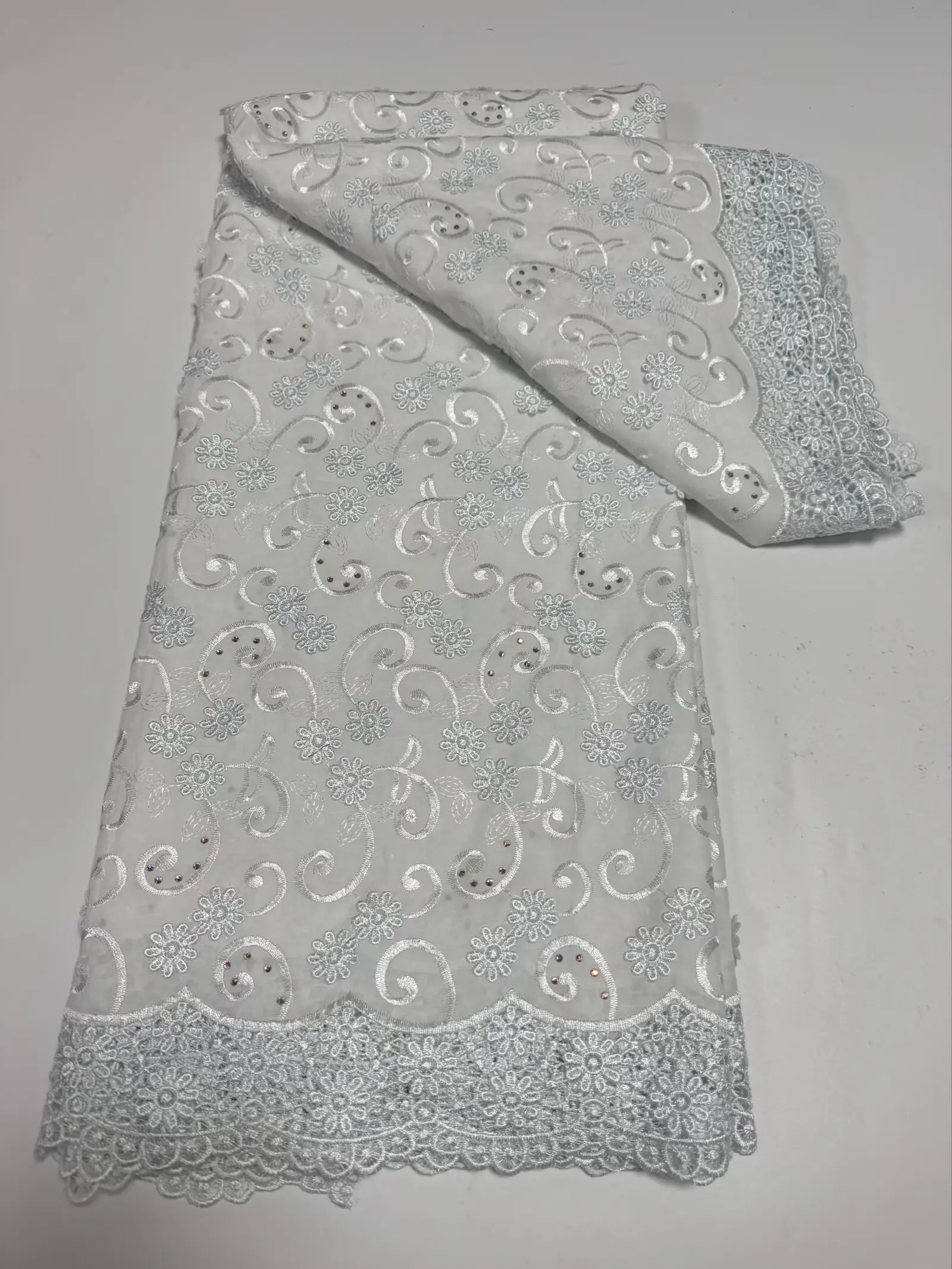 Luxury African Cotton Embroidery Lace Fabric With Stones High Quality Swiss Voile Fabric In Switzerland For Sewing Clothes 19A12