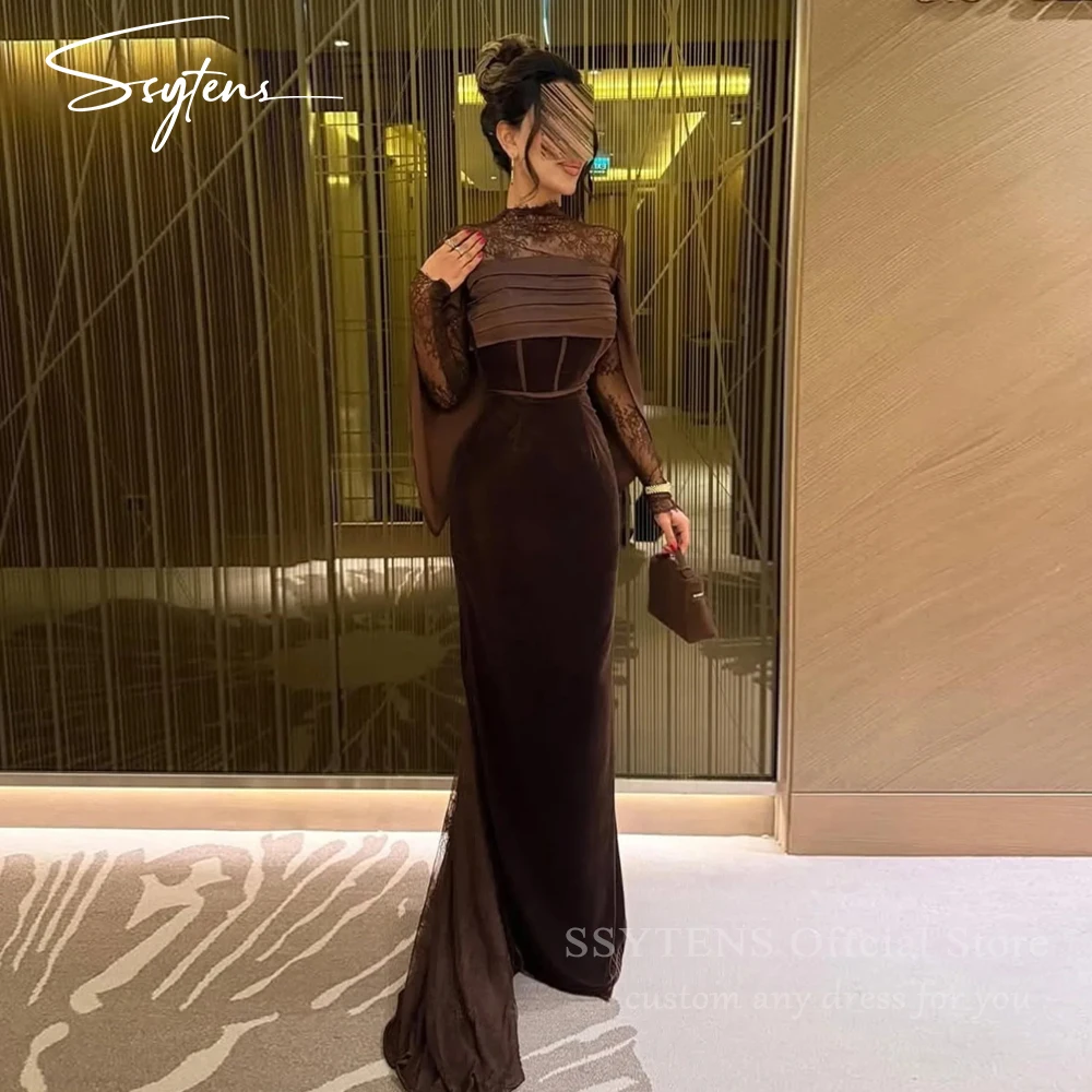 SSYTENS Brown Velour Evening Dresses Saudi Lace Mermaid Wedding Party Gowns for Women Long Sleeves Customized Formal Party Gown