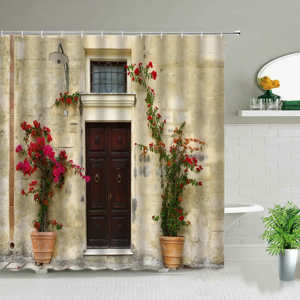 Street Building Scenery Shower Curtains Flowers Plant Retro Old Door Spring Rural Bathroom Curtain Background Wall Decor Cloth