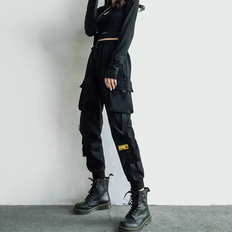 Women\'s Cargo Pants Black Ribbon Pocket Jogger Elastic Waist High Streetwear Harajuku Pant Punk Females Trousers Harem Pants