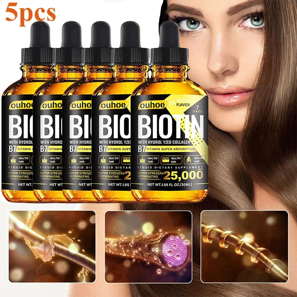 5pcs 30ml Nutrition Biotin Liquid Drops Essential Oil Collagen B7 Vitamin Oil Trengthen Hair Root Repair Damaged Hair