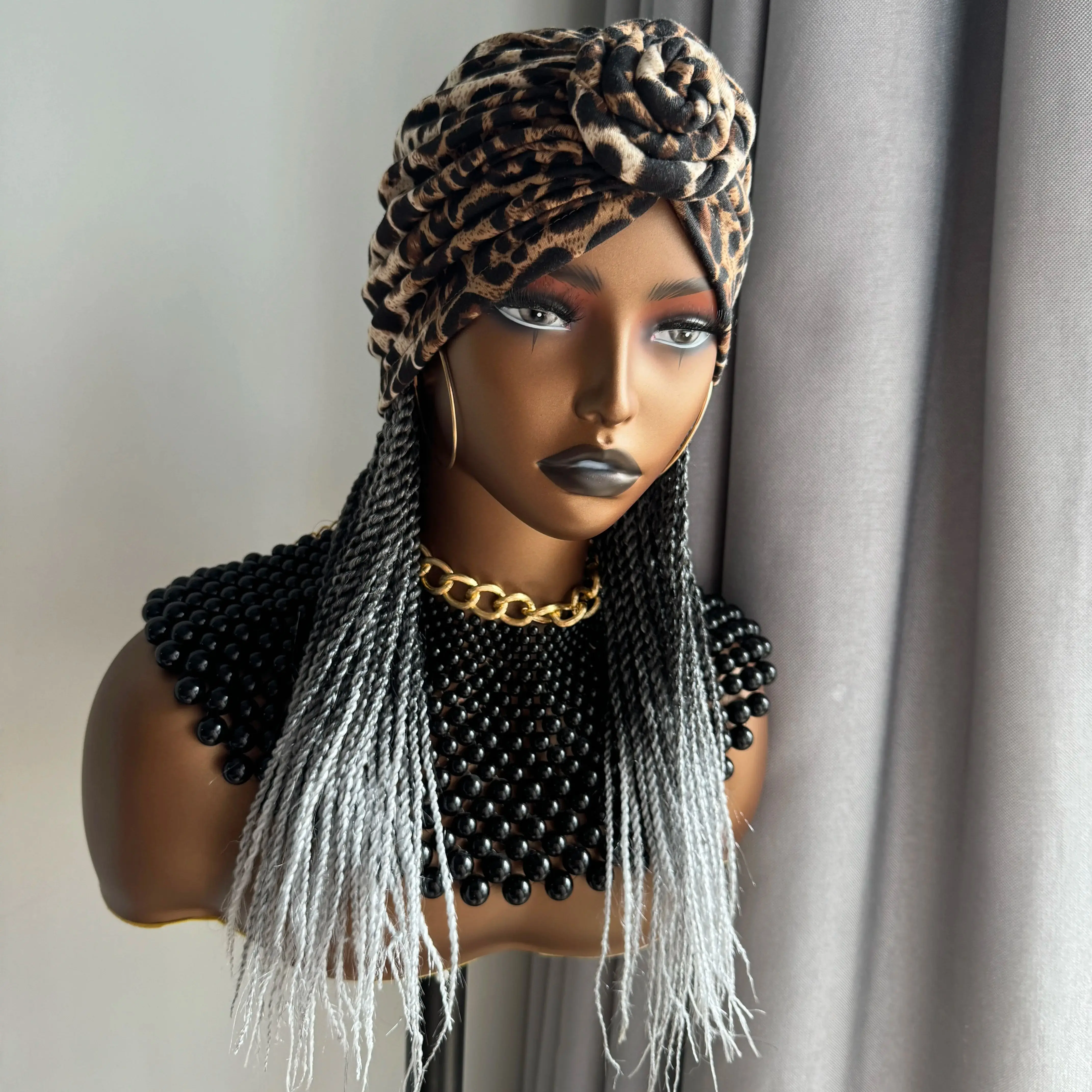 

WIGERA Ombre Black Gray Headband Twist Braided Synthetic Wig With Leopard Print Headwra Turban Braiding Hair Extension For Women