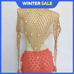 Women Triangle Shawl With Seashell Sexy Bikini Cover Up Sunscreen Nets Skirt Mesh Tunic Pareo Beachwear