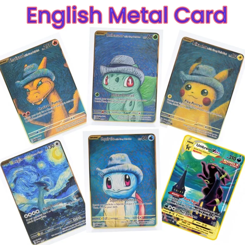 

New Van Gogh Museum Pokemon English Metal Card Anime Pikachu Charizard Mewtwo Shiny Letters Game Collection Card Kids Toy Gifts