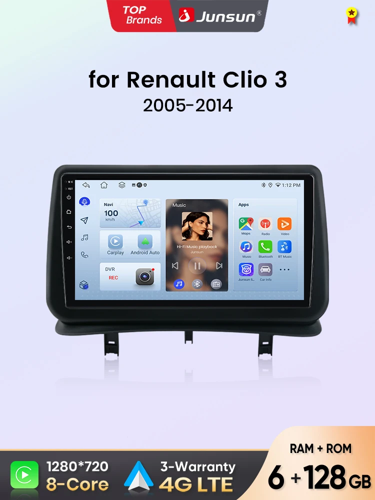Junsun Autoradio für Renault Clio 3 2005 2006 2007 2008-2014 CarPlay Android Auto FM RDS DSP BT GPS Navi SWC HD IPS Touchscreen Plug & Play Multimedia-Player Freisprecheinrichtung
