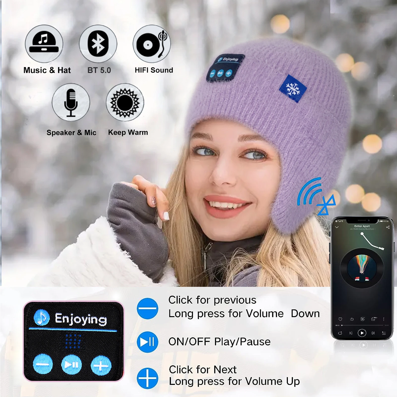 2023 Winter Wireless Bluetooth 5.0 Headphone Hat Earphone Sport Music Headset Cap With Microphone Works On All Smartphones