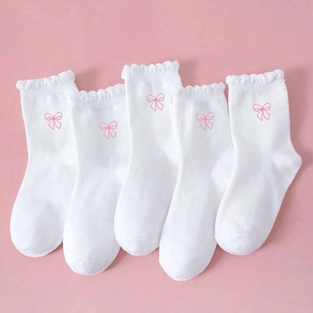 5Pairs Girls/Kids' Athletic Ruffle Socks, Adorable Bow Design, Fashion , Soft & Breathable Sports/Casual Mid-Calf Socks, Suitabl