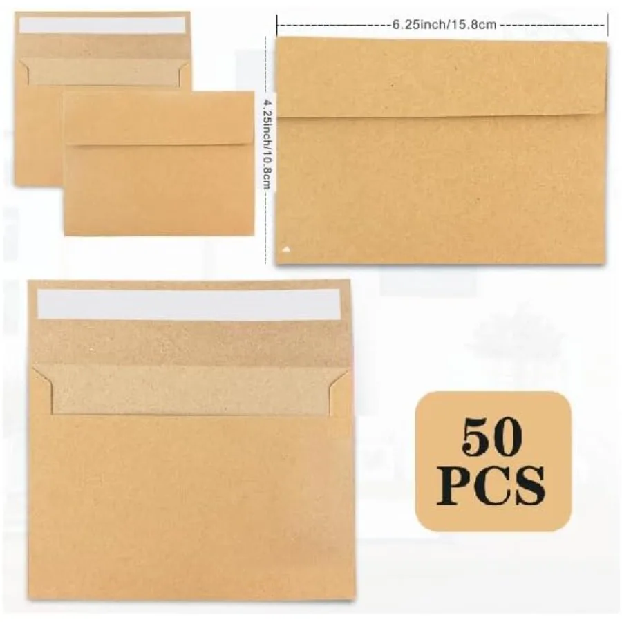 50Packs A4 Kraft Envelopes 4x 6 Inch Card EnvelopesSelf Seal for Weddings Greeting Cards Mailing Invitations Photos Postcards